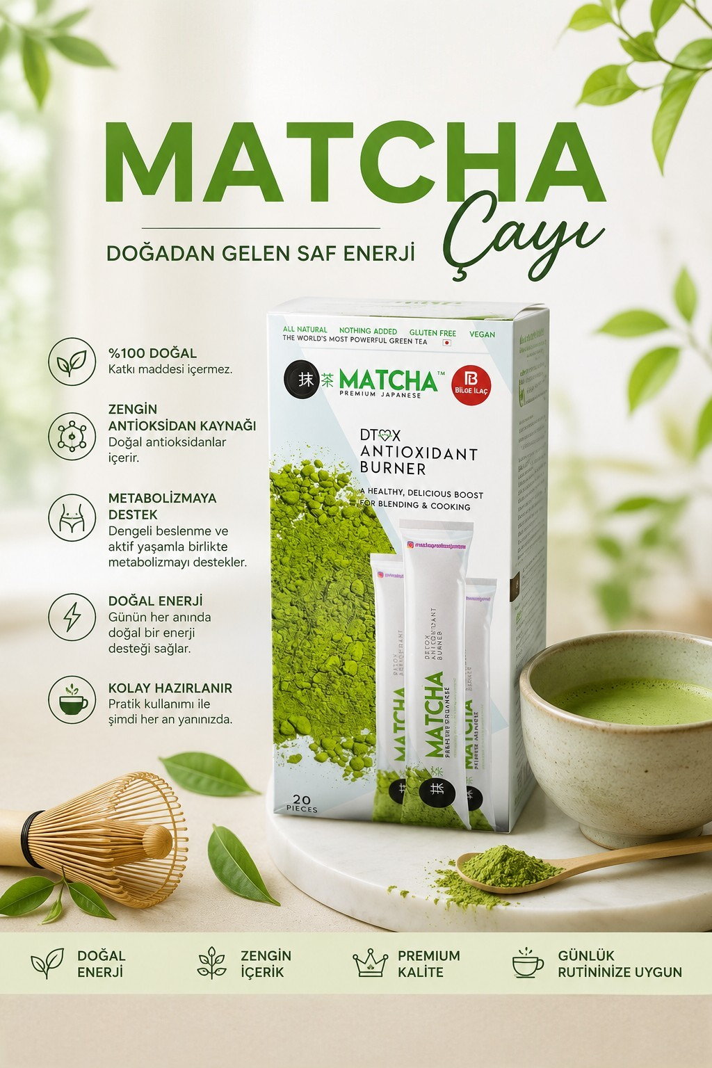 Matcha Çayı 20 Stick Premium Japon Matcha Tozu