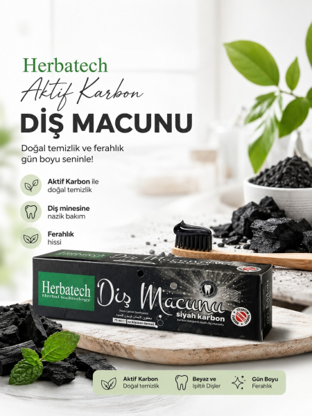 Herbatech Aktif Karbon Diş Macunu 75 ml Siyah Karbonlu Günlük Ağız ve Diş Bakımı