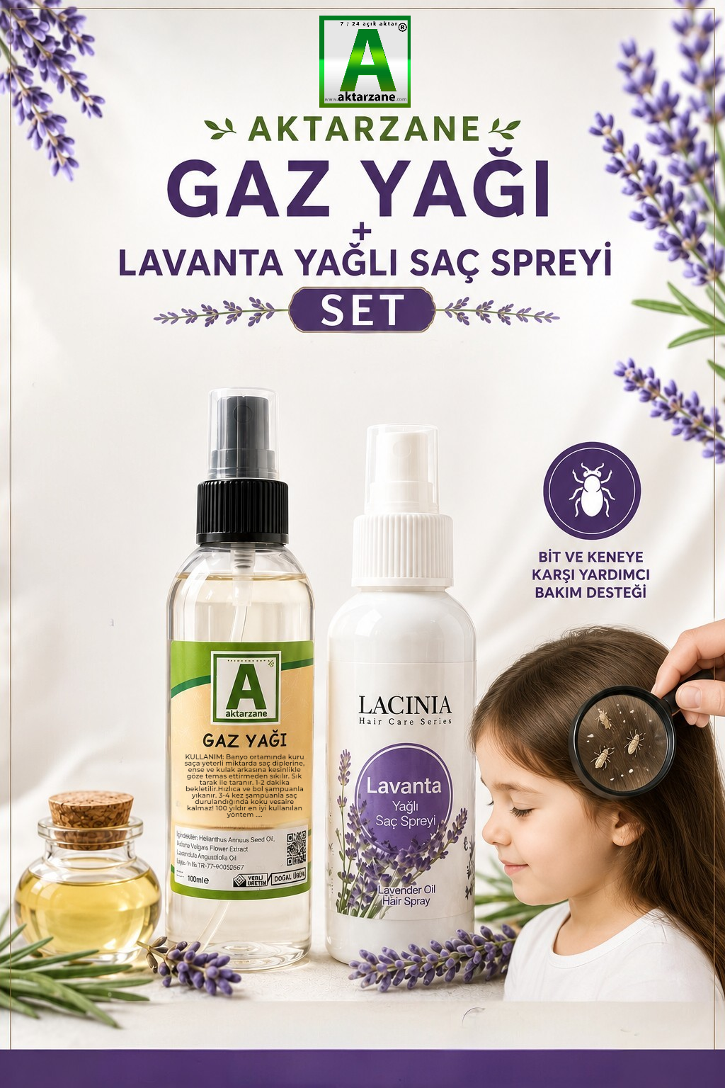 Aktarzane Gaz Yağı + Lavanta Yağlı Saç Spreyi Seti Bit