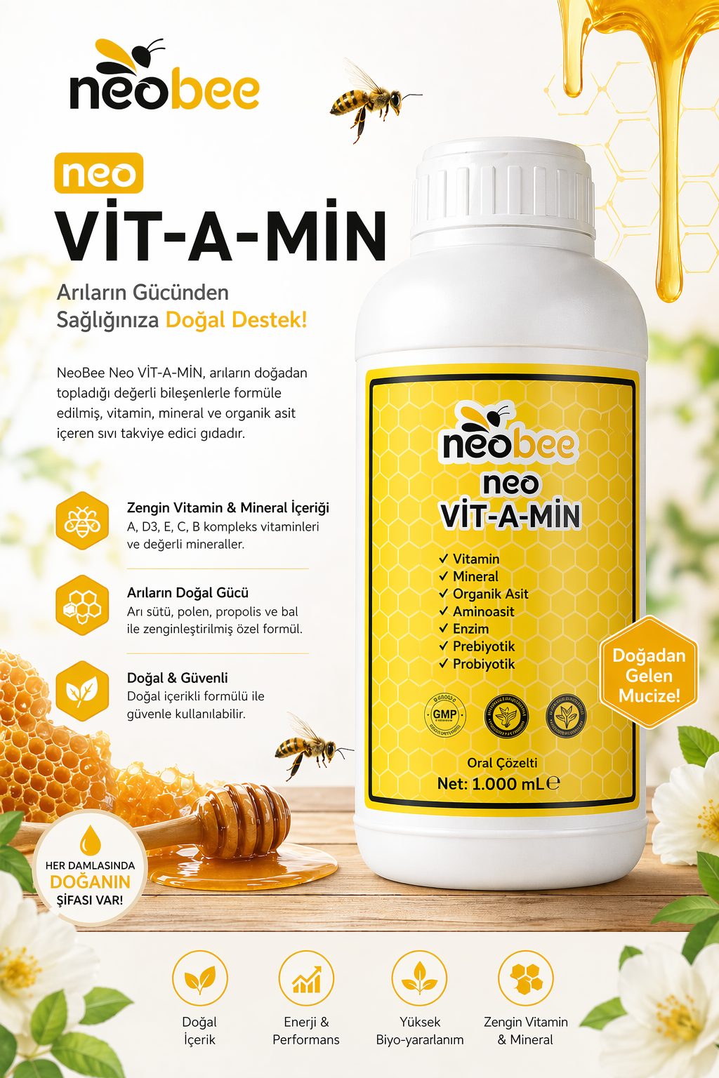 NeoBee Vit-A-Min Arı Vitamin Şurubu 1000 ml - Vitamin, Mineral ve Organik İçerikli Sıvı Takviye