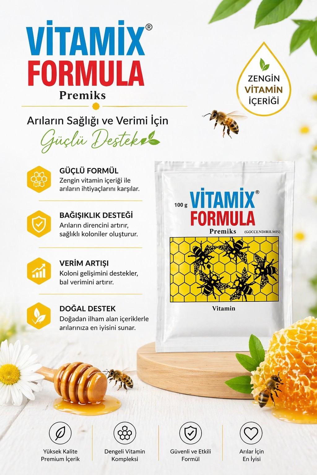 Vitamix Formula Arı Vitamin Premiksi 100g – Arı Besin Desteği, Koloni Güçlendirici, Verim Artırıcı Vitamin Karışımı