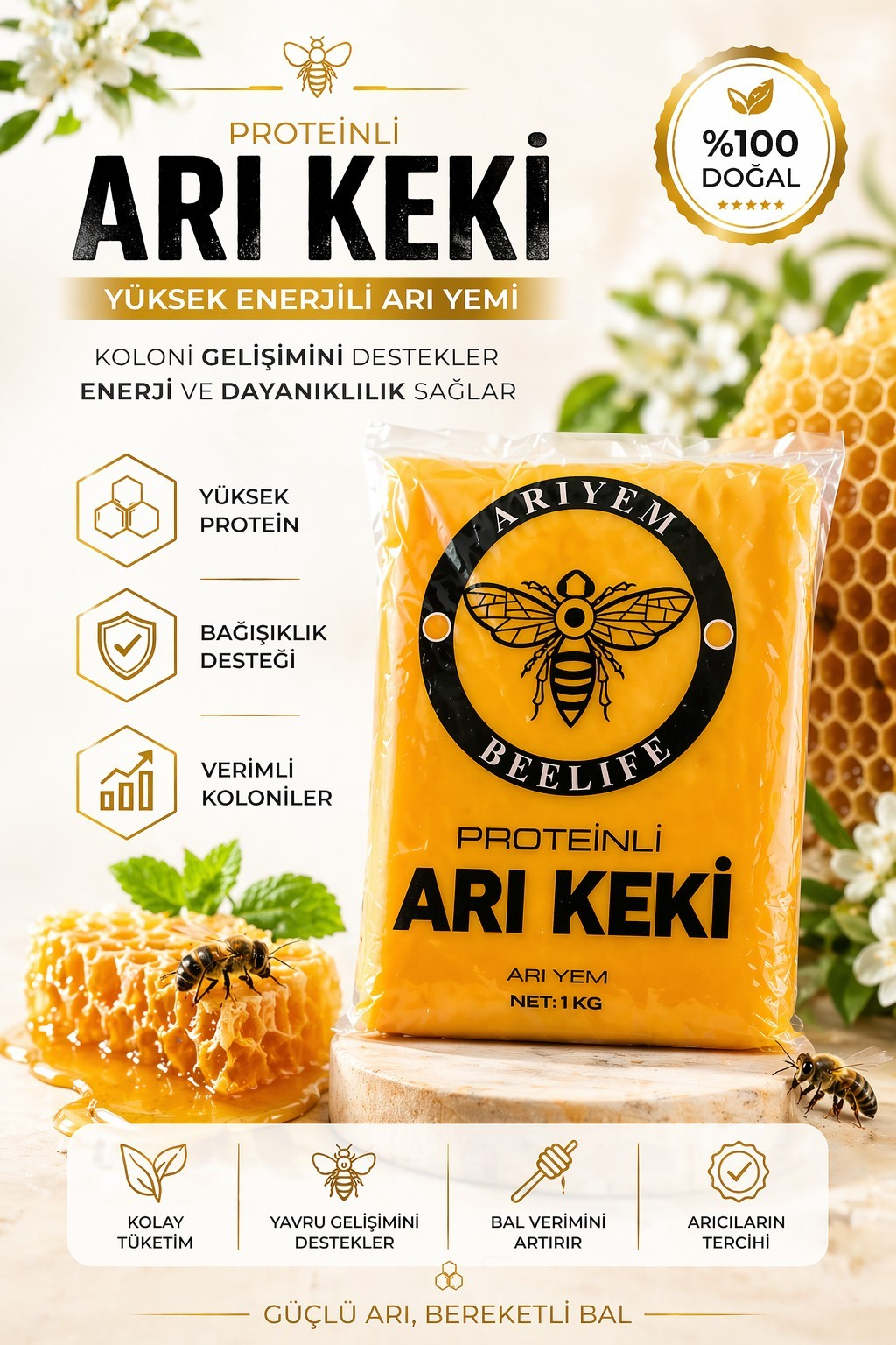 Proteinli Arı Keki 1 KG – Yüksek Enerjili Arı Yemi | Koloni Güçlendirici Arı Besini