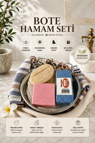 Bote Hamam Seti Geleneksel Banyo ve Spa Bakım Seti  Doğal Lif, Sabun ve Peştemal Hediye Seti