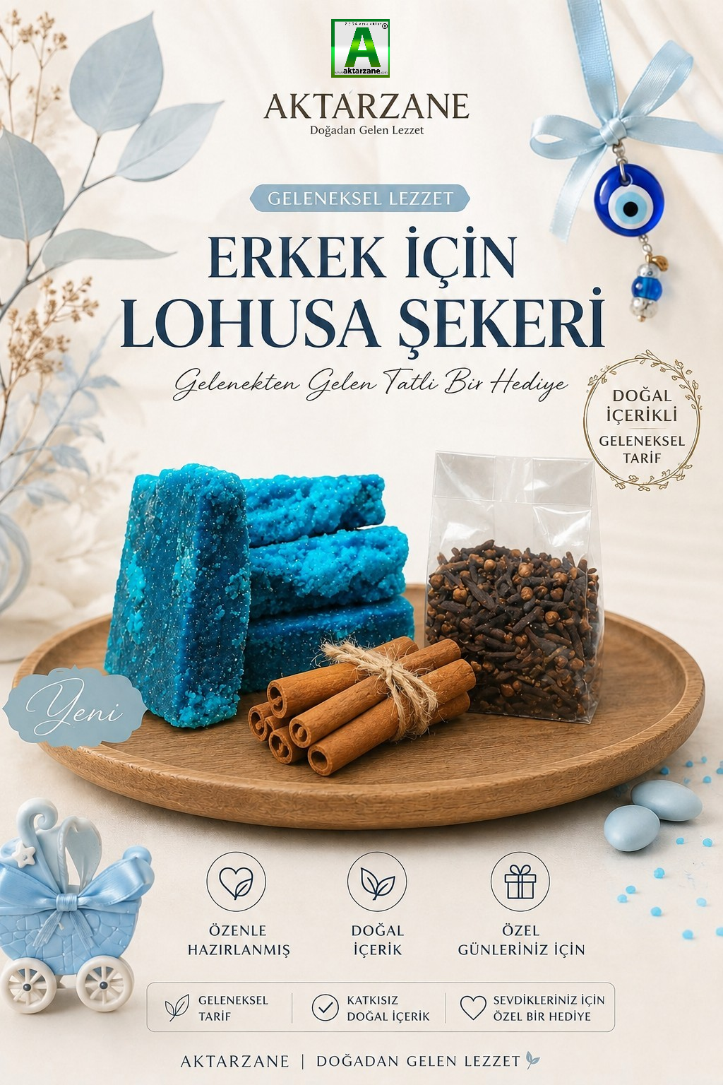Erkek İçin Lohusa Şekeri Seti ,Mavi Lohusa Şekeri 500gr, Çubuk Tarçın 50 gr ve Karanfil 50 gr